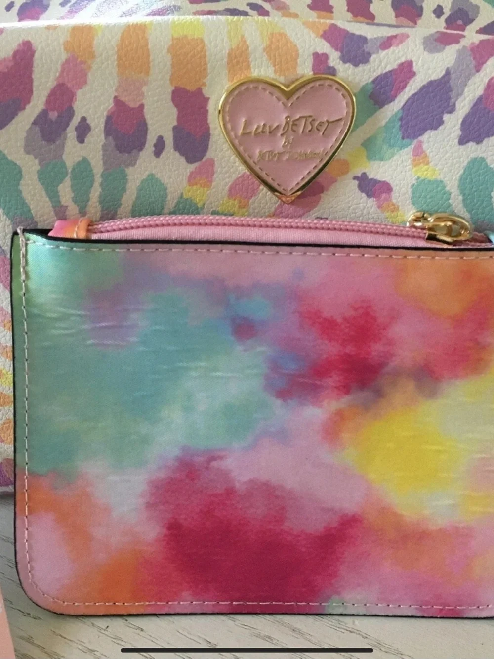Betsey Johnson Pastel Tie-Dye Loaf Cosmetic Pouch with Heart Logo Accent